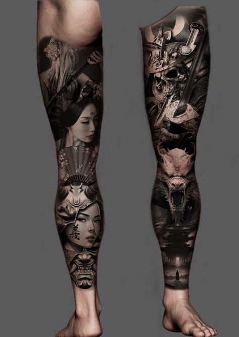 Back Full Tattoo, Women Tattoo Leg, 108 Tattoo, Leg Tattoo Design, Calf Sleeve Tattoo, Geisha Samurai, Koi Tattoo Sleeve, Knee Tattoos, Geisha Tattoo Design