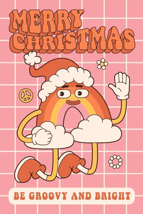 Groovy hippie merry Christmas and Happy New year. Rainbow in trendy retro cartoon style. Christmas Logos Design, Retro Christmas Design, Retro Christmas Art, Christmas Aesthetic Design, Christmas Drawings Aesthetic, Happy New Year Retro, Retro Cartoon Style, Hippie Christmas, New Year Poster