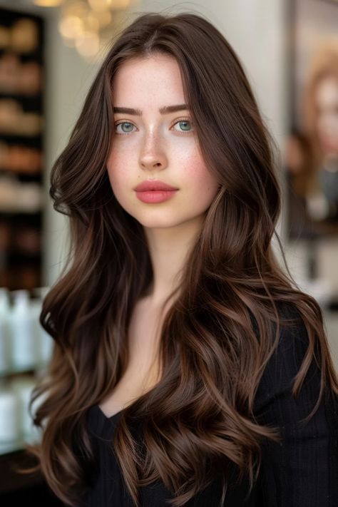 Young woman with long wavy brown hair and a neutral expression standing in a salon. Hair Color Ideas For Brown Skin Indian Long Hair, Vibrant Brown Hair, Chocolate Hair Highlights, Chocolate Copper Hair Color, Chocolate Brown Hair Blue Eyes, Honey Tea Brown Hair Color, Cappuccino Hair Color, Cool Tone Brunette, Blue Eyes Dark Brown Hair