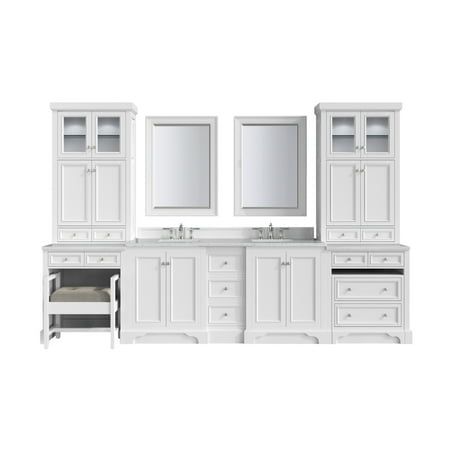 Includes quartz vanity top and rectangular sinks Maximize your bathroom with this bright white 132-inch De Soto double sink modular setup. Showcasing ample storage and a carved base detail, this collection brings the perfect mix of elegant design and modern functionality. Included is our 72-inch De Soto double vanity with three drawers, cabinet storage, and a USB/Electrical outlet, two countertop units with two drawers that serve beautifully as a makeup vanity, a tufted upholstered bench in Dayb Long Double Sink Bathroom Vanity, 72inch Bathroom Vanity, Double Vanity With Side Towers, Double Sink Bathroom Vanity With Storage, Master Bath Storage Ideas, Double Vanity With Storage, Bathroom Vanity Ideas Double Sink, Master Vanity Ideas Double Sinks, Double Sink Vanity With Makeup Area