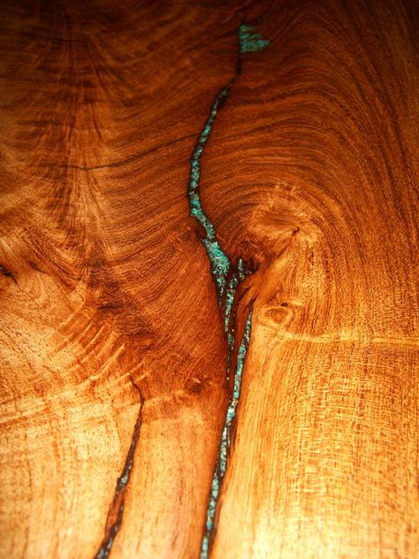 A hand-crafted table top, inlaid with turquoise in the wood's cracks.  Ingenious! Turquoise Furniture, Colored Epoxy, Morenci Turquoise, Inlay Furniture, Mineral Spirits, Wood Inlay, Wood Console Table, Turquoise Glass, Wood Console