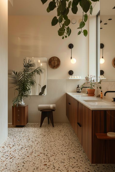 Green And Cream Tile Bathroom, Mid Century Scandinavian Bathroom, Modern Colorful House Interior, 1950 Bathroom Ideas, Tiny Mid Century Bathroom, Mid Century Modern Room Ideas, Mid Century Modern Tiny Bathroom, Midcentury Modern Guest Bathroom, Mid Century Modern Primary Bathroom