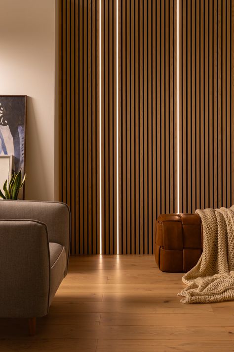 LUSTRE LED Light Remote | Naturewall SlatWall Accesories Wood Panels With Lighting, Wall Paneling With Lights, Led Wooden Panel, Back Lit Wall Panel, Acoustic Panel Bedroom, Profile Light Wall Design, Light Accent Wall, Wood Panel Lighting, Golf Studio