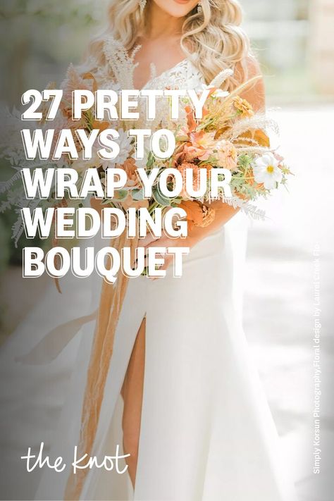 Diy Wedding Bouquet Supplies, Diy Artificial Bouquet Wedding, Bridal Bouquet Wrapping Ideas, Wedding Bouquets With Ribbon Hanging, Easy Diy Bridesmaid Bouquets, Bouquet Wrap Wedding, Stem Wrapped Bouquet, How To Wrap Bridesmaid Bouquet, Ribbon On Wedding Bouquet