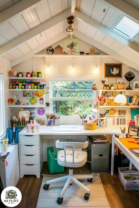 At Home Craft Room, She Shed Layout Plans, She Shed Office Interior Ideas, She Shed Interior Ideas For Crafting, She Shed Home Office Ideas, She Shed Art Studio Interior, Craft Room Shed Ideas, Turn Shed Into Office, She Shed Art Studio Ideas