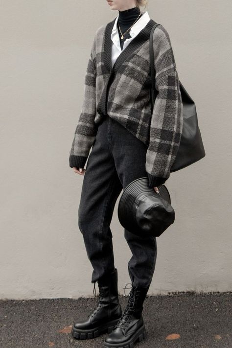 00s Mode, Knit Plaid, Dark Academia Outfits, Clothing Board, 80s Punk, Academia Outfits, Oak Fort, Plaid Cardigan, Mock Neck Long Sleeve