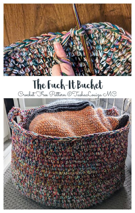 Crochet Scrap Fabric Basket, Yarn Basket Storage, Yarn Stash Buster Ideas, Scrap Yarn Basket Crochet, Scrap Basket Crochet, Fabric Crochet Basket, Scrap Yarn Basket Pattern, Scrap Yarn Storage, Crochet Fabric Baskets