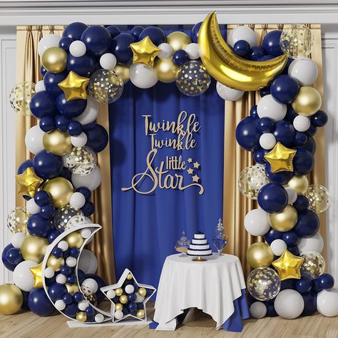 Hiasan Perkahwinan, Moon Balloon, Twinkle Twinkle Baby Shower, Star Birthday Party, Blue Birthday Parties, Star Birthday, Moon Baby Shower, Birthday Party Theme Decorations, Gold Baby Showers