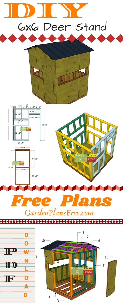 Easy to follow step by step diagrams for you to build a 6x6 deer blind with a gable roof. The deer stand featureas window openings on all sides and a door for easy access. The roof is made out of metal sheets. PDF download and Print friendly. Full Cut and Shopping lists. #deerblind #deerstand #shootinghouse Elevated Deer Blind Plans, Diy Deer Stand Ideas, Diy Shooting House, Deer Blinds Diy, Diy Hunting Stand, Box Blind Deer Stands Diy, Deer Box Stand Ideas, Box Stands Hunting, 4x8 Deer Blind Plans