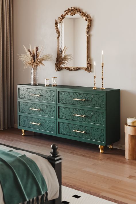 Say hello to the stylish and clutter-free life you deserve with this Mid-Century Rustic Bas Relief Carving Dresser. Effortlessly chic, it features an exotic animal legs design and a soothing emerald green color to complete your minimalist sanctuary. You won't believe how much it can transform your home. Follow us for more inspiring ideas! Emerald Green Dresser Bedroom, Emerald Green Furniture Bedroom, Dark Green Dressers, Deep Green Dresser, Bedroom With Green Dresser, Dresser Legs Ideas, Emerald Home Decor, Gold Furniture Bedroom, Green Dresser Bedroom