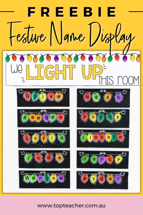 Prek Classroom Christmas Decorations, Christmas Light Bulb Name Craft, Name Display For Classroom, Christmas Tree Ideas For Classroom, Christmas Lights Name Preschool, Preschool Christmas Name Crafts, Christmas Lights Classroom Door, Class Christmas Activities, Christmas Light Names Preschool