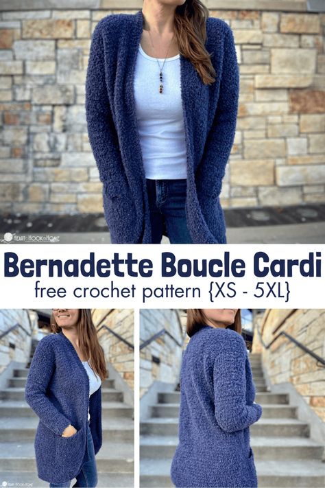 The Bernadette Boucle cardi FREE crochet pattern is lightweight, has great texture, and ranges a whopping 9 sizes from XS - 5XL. Hedgehog Pincushion, Crochet Sweater Coat, Crochet Triangle Shawl Pattern, Crochet Jacket Pattern, Tunisian Crochet Pattern, Crochet Tank Tops, Tunisian Crochet Hook, Poncho Knitting Patterns, Cozy Crochet Patterns