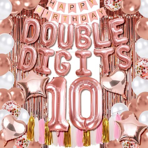 PRICES MAY VARY. Celebrate a milestone with our vibrant 'Double Digits 10' balloons – perfect for adding a splash of color and excitement to any 10th birthday party! Make their 10th birthday extra special with our eye-catching 10 birthday decorations for girls, featuring bold double digits birthday girl decorations lettering that stands out in any party setting. Create unforgettable memories with our 'Double Digits 10' balloons, ideal for decorating party spaces or surprising the birthday boy or Tenth Birthday Party Ideas Daughters, 10 Birthday Photo Shoot Ideas, 10 Birthday Decorations, Double Digits Birthday, Peace Out Single Digits, 10th Birthday Girl, Rose Gold Number Balloons, Rose Gold Letter Balloons, Birthday 10