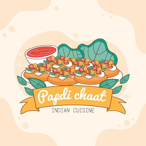 Hand drawn papdi chaat indian cuisine | Free Vector #Freepik #freevector #culinary #gourmet #tasty #tasty-food Indian Chaat Illustration, Chaat Food Quotes Funny, Indian Food Logo, Foods Quotes, Chaat Indian, Bollywood Theme Party, Food Hamper, Easy Pictures To Draw, Food Quotes Funny