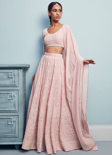 Blush Pink Thread Embroidered Lehenga– Lashkaraa