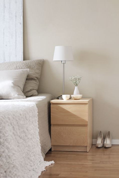 Light And Airy Apartment, Airy Apartment, Ikea Malm Nightstand, Ikea Nightstand, Bedside Table Decor, Bedroom Design Trends, Bedroom Styling, Pale Wood, Ikea Bed