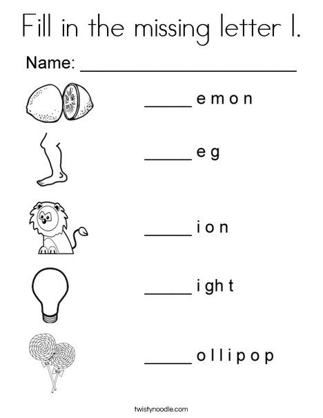 Fill in the missing letter l Coloring Page - Twisty Noodle Letter Coloring Pages, Letter L Worksheets, Teaching Digraphs, Back To School Images, Compound Words Activities, School Images, Sound Words, E Words, Jolly Phonics