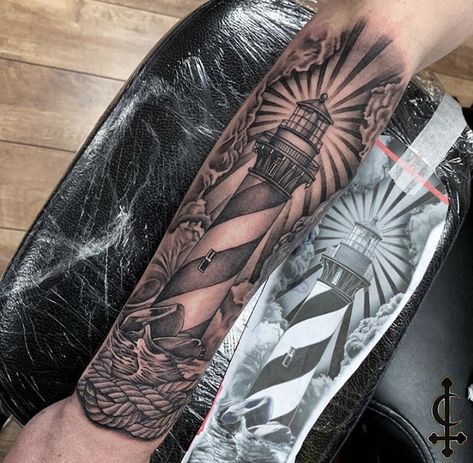 Lighthouse Half Sleeve Tattoo, Female Lighthouse Tattoo, Nautical Arm Sleeve, Black And Grey Lighthouse Tattoo, Lighthouse Tattoo Men Forearm, Lighthouse Leg Tattoo, Lighthouse Sleeve Tattoo, Nautical Tattoo Sleeve For Women, Lighthouse Tattoo Men