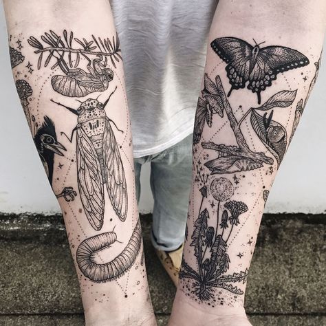 A Collision of Flora, Fauna, and the Cosmic in Tattoos by Pony Reinhardt | Colossal Pony Reinhardt, Le Tattoo, Bug Tattoo, Insect Tattoo, Tattoo Trend, Irezumi Tattoos, Plant Tattoo, Tattoo Life, Nature Tattoos