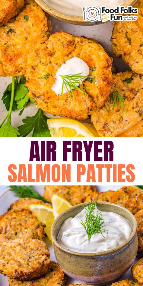 Air Fryer Salmon Patties, Air Fryer Recipes Snacks, Creamy Dill Sauce, Air Fryer Salmon, Canned Salmon, Salmon Patties Recipe, Delicious Seafood Recipes, Airfryer Recipes, Dill Sauce