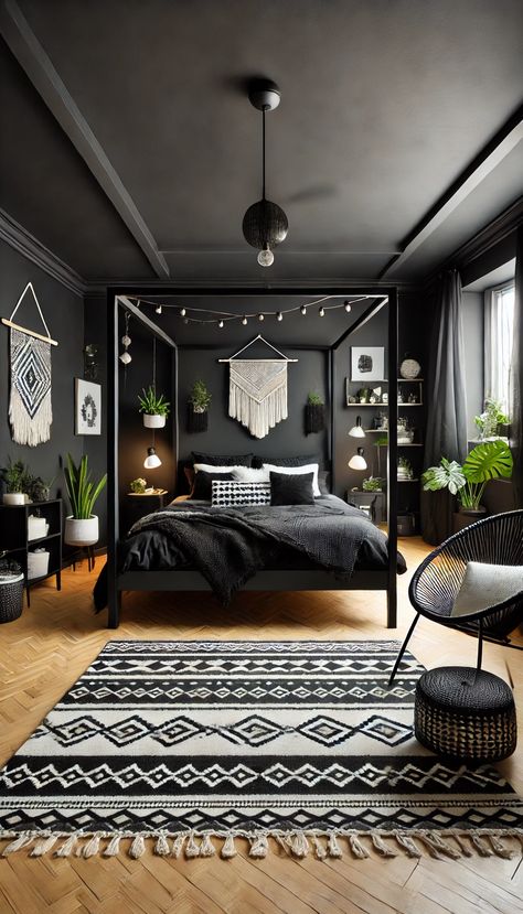 21 Stunning Black Bedroom Decor Ideas That Will Make You Want to Redecorate ASAP 🖤✨ Boho Black Bedroom, Gothic Bohemian Decor, Black Bedroom Decor Ideas, Black Boho Bedroom, All Black Bedroom, Black Upholstered Bed, Modern Black Bedroom, Black Canopy Bed, Black Iron Beds