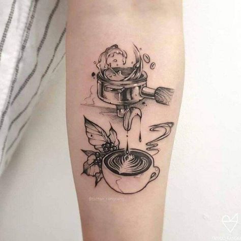 Portafilter Tattoo Design, Latte Art Tattoo, Tattoo Cafe, Glyph Tattoo, Craft Coffee, Ankle Tattoos For Women, Coffee Tattoos, Wrist Tattoos For Guys, Tattoo Love