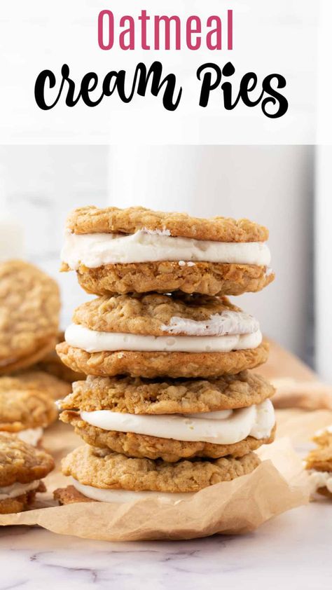 Oatmeal Pie Cookies, Oatmeal Cream Pie Cookies, Oatmeal Cream Cookies, Homemade Oatmeal Cream Pies, Soft And Chewy Oatmeal Cookies, Marshmallow Buttercream Frosting, Oatmeal Cream Pie, Soft Oatmeal Cookies, Cream Pie Filling