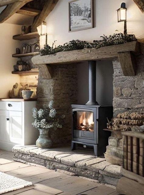 Wood Stove Room Ideas, Wood Burning Stove With Mantle, Wood Heater Ideas Living Rooms, Pellet Stove Ideas Living Rooms, Log Cabin Fireplace, Wood Stove Surround, Reface Fireplace, Wood Stove Hearth, Wood Burning Stoves Living Room