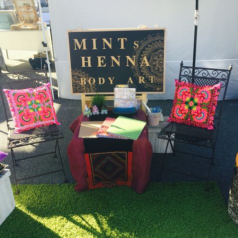 Mint's Henna stall. Henna Stall Decoration Ideas, Mehendi Stall Ideas, Mehndi Stall Ideas, Henna Stall Ideas, Henna Booth Setup Ideas, Henna Booth, Festival Prep, Vendor Stand, Henna Business