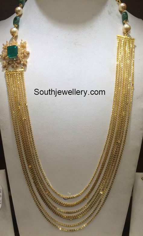 Chandraharam with Diamond Side Pendant Chandra Haram, Gold Long Chain, Necklace Emerald, Beautiful Gold Necklaces, Gold Pendant Jewelry, Wedding Jewellery Collection, Bangles Jewelry Designs, Gold Jewelry Simple, Gold Fashion Necklace