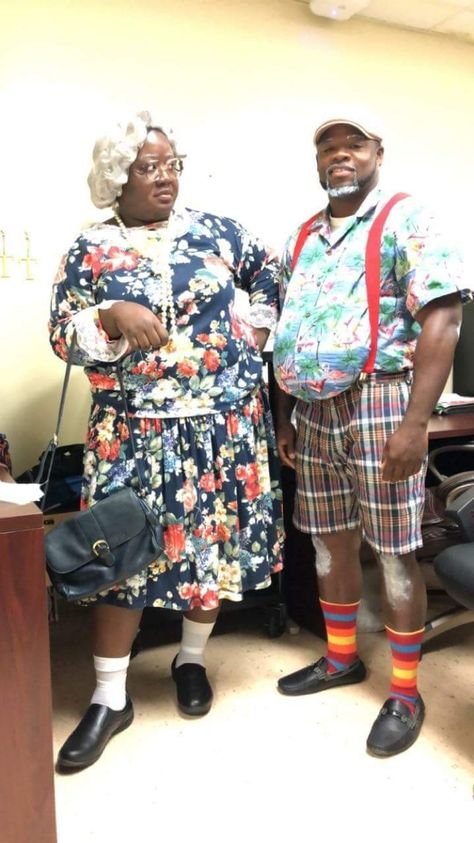 Madea and Mr. Brown costume Madea Costume Idea, Elderly Halloween Costume, Senior Citizen Day Spirit Week Outfits, Madea Halloween Costume, Madea Costume, Elderly Costume, Senior Citizen Day Spirit Week, Senior Citizen Costume, Old People Costume