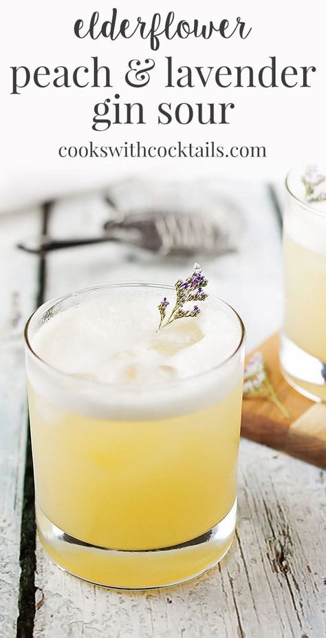 A perfectly balanced gin sour with a little elderflower liqueur, lemon, peach and lavender homemade shrub and egg whites for a silky finish and lovely froth on top. It’s the perfect floral cocktail to serve at a cocktail party. Its an easy cocktail to make, but it packs a whole bunch of flavor. #cookswithcocktails #ginsour #fruitshrub #cocktail Pomegranate Cocktail Recipes, Beautiful Cocktails, Fruit Shrub, Gin Sour, Creative Cocktails, Coctails Recipes, Easy Cocktail, Sour Cocktail, Rum Cocktails