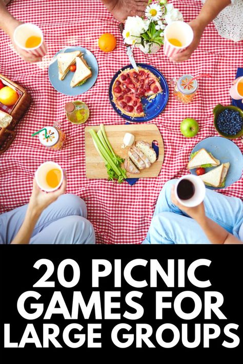 Here, we share 20 of our FAVORITE picnic games that large groups can enjoy this summer! Read more at OwnTheYard.com! Picnic Birthday Party Games, Picnic Ideas For Friends Games, Picknick Games, Old Fashioned Picnic Games, Outdoor Picnic Games For Adults, Picnic Day Activities, Activities For Picnic, Games For Picnic Ideas, Picnic Party Activities