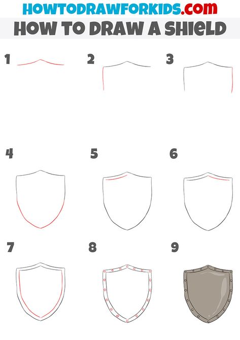 how to draw a shield step by step Shield Drawing Reference, Doodle 101, Shield Drawing, Roman Shield, Useful Skills, Helmet Drawing, Banner Drawing, Easy Drawing Tutorial, Drawing Tutorials For Kids