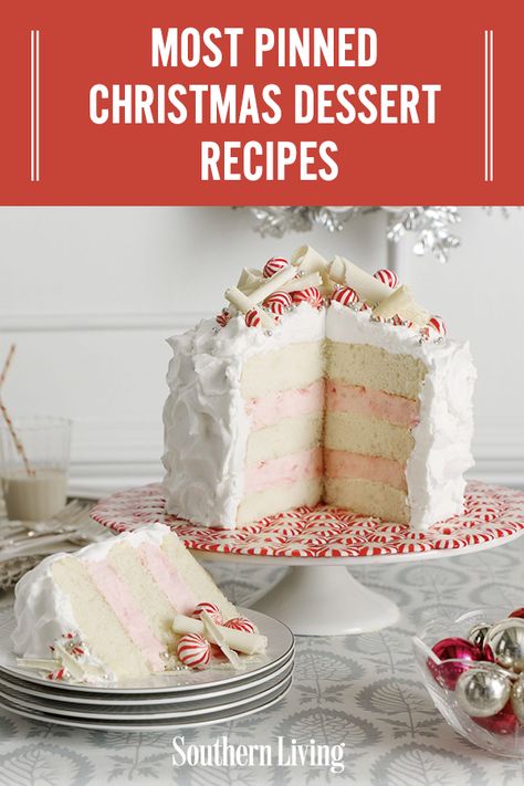 Christmas Cake Flavors Holidays, Christmas White Cake Recipes, Southern Living White Christmas Cake, Southern Living Christmas Cakes, Christmas Cheesecake Mini, Vanilla Christmas Desserts, Peppermint Bark Christmas Cake, Christmas Dinner Desserts Ideas, Holiday Peppermint Cake