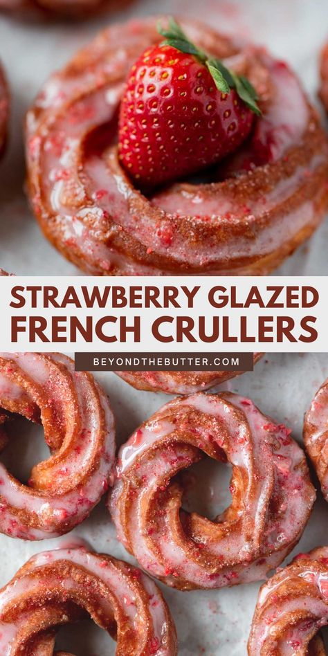 Strawberry Glazed French Crullers are where it's at! They're made with a choux pastry, also known as pâte à choux, that's fried to a nice golden brown on the outside with a light and airy delicious inside. Dipped in a homemade strawberry glaze and sprinkled with strawberry sugar, these are a definite must-make for summer or any time of the year! Find the full recipe on BeyondtheButter.com Homemade Strawberry Glaze, French Crullers, Strawberry Sugar, Homemade Donuts Recipe, Strawberry Glaze, Choux Pastry, Homemade Donuts, Doughnut Recipe, Think Food