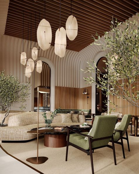 The main lobby at the Mantera 5* Resort. We emphasized organic forms and natural colors that were taken in from the exterior palette outside. We were influenced by the natural reserve that is located just across the luxurious 10 hectare property. #hotel #luxuryhotelinterior #luxuryinterior #hotellobby #lobbyinterior #organicforms #organicpalette #hoteldesign #designhotel #designhotels #interiordesign #hospitalitydesign Outdoor Lobby Design, Mid Century Modern Hotel Lobby, Hotel Minimalist Design, Japandi Lobby Design, Scandinavian Hotel Lobby, Lounge Hotel Design, Hotel Lobby Photography, Green Interior House, Japanese Hotel Lobby