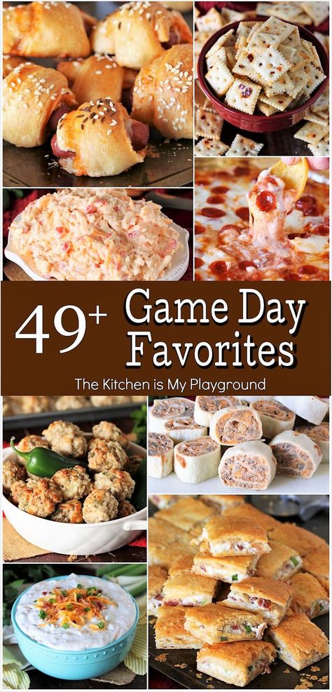 Collage of 49+ Favorite Game Day Recipes Football Food Appetizers, The Kitchen Is My Playground, Game Day Recipes, Bowl Party Food, Football Snacks, Appetizers Easy Finger Food, Finger Foods Easy, Superbowl Snacks, Tailgate Food