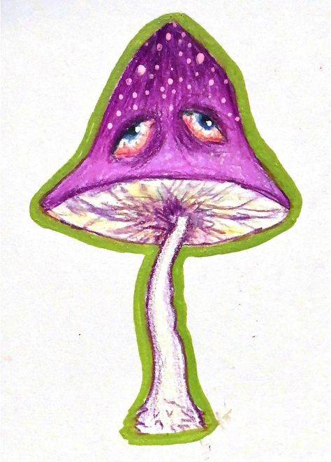 A colored pencil mushroom with realistic eyes and a paint pen outline Things To Paint Mushroom, Mushroom With Eyes, Mushroom Paintings, Cute Things To Paint, Mushroom Painting, Things To Paint, Mushroom Paint, Trippy Drawings, Eye Painting