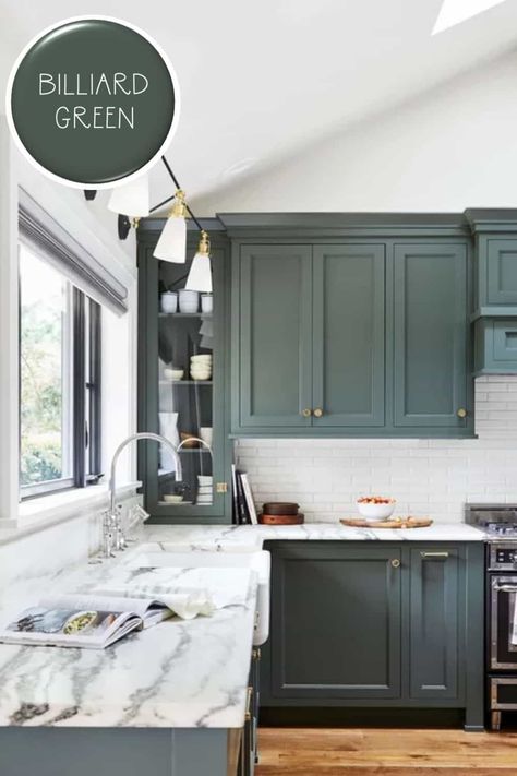 Looking for classic kitchen cabinet paint colors that will never go out of style? White, blue, green and black cabinet paint color options. | Porch Daydreamer Black Cabinet Paint Color, Black Cabinet Paint, Kitchen Cabinet Paint Colors, Gray Countertops, Blue Green Kitchen, Kitchen Cabinet Paint, Classic Kitchen Cabinets, Farmhouse Sink Faucet, Pewter Green