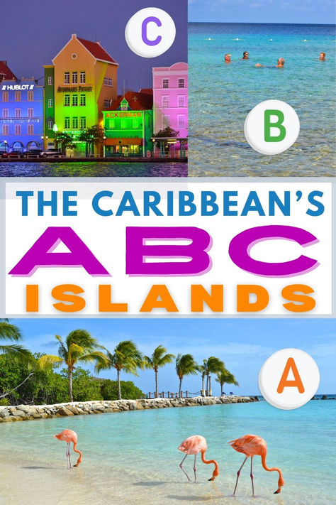 Planning your next Caribbean getaway? Consider the ABC Islands - Aruba, Bonaire, or Curacao. These beautiful islands are top contenders when it comes to the best Caribbean beaches and colorful island life. Plus, these lovely islands fall south of the Hurricane Belt so they're perfect any time of year! Here's everything you need to know to visit (including where to find those flamingoes on the beach!). | Caribbean ABC Islands | Best Caribbean Islands Best Caribbean Islands, Abc Islands, Beach Caribbean, Summer Escape, Caribbean Beaches, Summer Destinations, The Abc, Caribbean Islands, Island Life