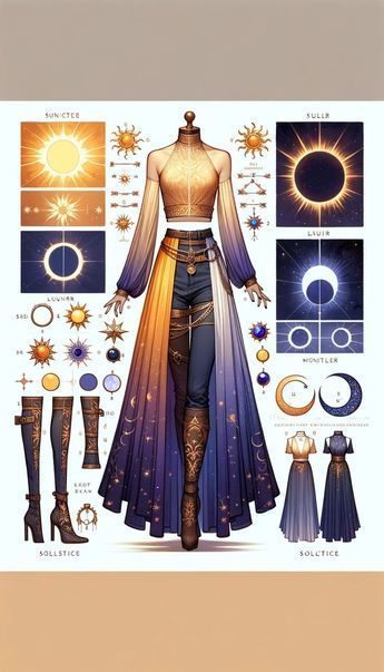 Sun And Moon Aesthetic Outfit, Sun Wedding Dress, Sun And Moon Clothes, Moon Costume Women, Sun Inspired Dress, Sun Outfit Aesthetic, Female Oc Ideas Character Design Inspiration, Sun Aesthetic Outfit, Sun Inspired Outfit