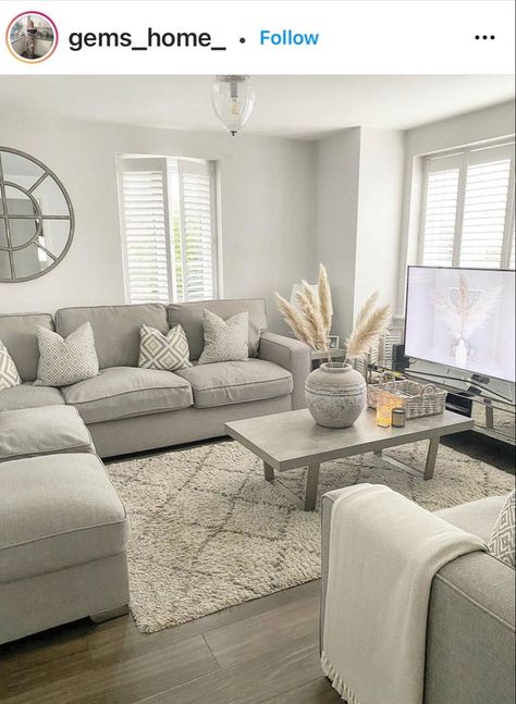 Lounge Looks Living Rooms, Inn Tables Living Rooms, Grey Neutral Home Decor, Light Grey Home Decor, White Gray And Beige Bedroom, Grey And Neutral Living Room Cozy, Simple Living Room Grey Couch, Cream Living Room With Grey Sofa, Grey Sofa White Furniture Living Room