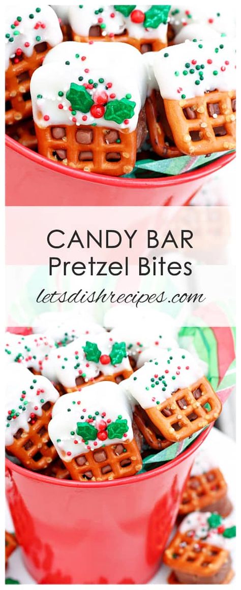 Candy Bar Pretzel Bites Recipe: Miniature candy bars are sandwiched between two pretzels, then popped in the oven until slightly softened. Then the little candy bar sandwiches are dipped in more chocolate for a festive touch. #pretzels #candy #christmas #recipes Christmas Pretzel, Pretzel Bites Recipe, Rolo Pretzels, Christmas Pretzels, Pretzel Bites Recipes, Snickers Candy Bar, Miniature Candy, Roast Beef Sandwich, New Year's Desserts