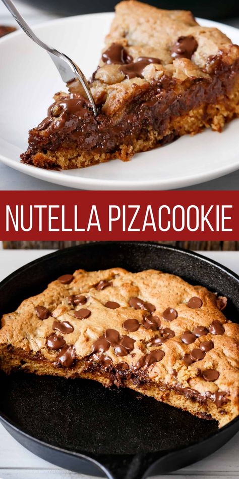 Nutella Stuffed Deep Dish Chocolate Chip Skillet Cookie (Pizookie), desserts, pizacookie, cookies, nutella dessert ideas Nutella Cookie Skillet, Cookie Nutella Pie, Cookie With Nutella, Nutella Cookie Pie Recipe, Chocolate Chip Pizza Cookie, Nutella Stuffed Cookie Pie, Nutella Brownie Cookies, Nutella Cookie Cake, Nutella Cookie Pie