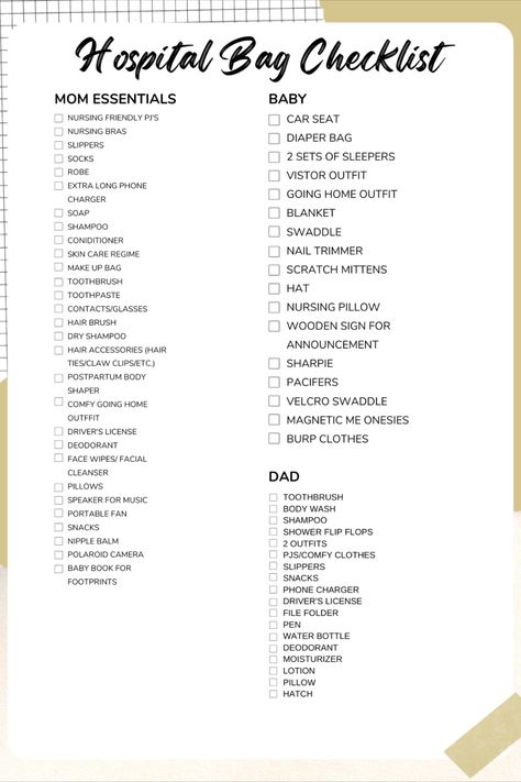 Hospital Bag Checklist Template, Momma Hospital Bag, When To Pack Hospital Bag, Post Partum Checklist Hospital Bag, Husband Hospital Bag, Hospital Bag For Dad To Be Checklist, Baby’s Hospital Bag, Moms Hospital Bag Packing Lists, Dads Hospital Bag Packing Lists