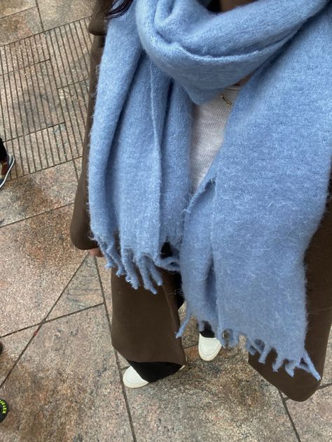 Blue Scarf Aesthetic, Fluffy Scarf, Winter Scarf Aesthetic, Blue Scarf Outfit, Light Blue Scarf, Scarf Outfit Winter, Scarf Aesthetic, Scarf Outfit, Chunky Scarves