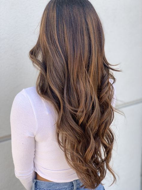 Light Wavy Hairstyles, Long Hair Ideas For Graduation, Long Brown Hair With Layers Balayage, Curled Brunette Hair Long Hairstyles, Long Straight Hair Curled Ends, Layed Hair Long, Lightly Curled Hair Long, Curled Hairstyles Brown Hair, Bottom Of Hair Curled