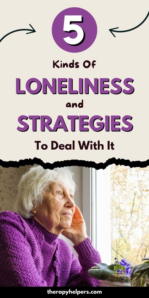 Image features the text "5 Kinds of Loneliness and Strategies to Deal With It" in bold purple letters on a light background. Below the text, an older woman in a purple sweater is seen gazing out of a window, reflecting the theme of loneliness and introspection. The image highlights different types of loneliness and offers strategies to cope with feelings of isolation. The overall message promotes emotional well-being and connection. How To Overcome Loneliness, Deal With It, Healthy Mind, Emotional Healing, Health Healthy, Self Improvement, Healing, Mindfulness, Feelings