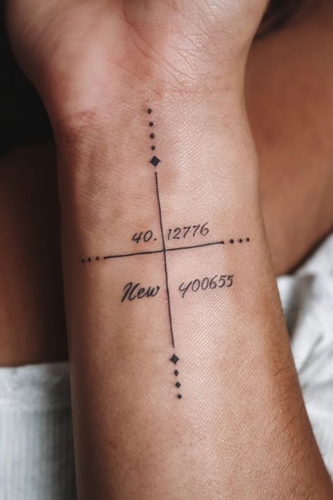 Tattoo on a wrist showing coordinates "40.12776" and "400655" with design elements. Small Wrist Tattoo Ideas, Small Wrist Tattoo, Wrist Tattoo Ideas, Small Wrist Tattoos, Wrist Tattoos For Women, Minimalist Tattoos, Wrist Tattoo, Women Legs, Travel Inspired